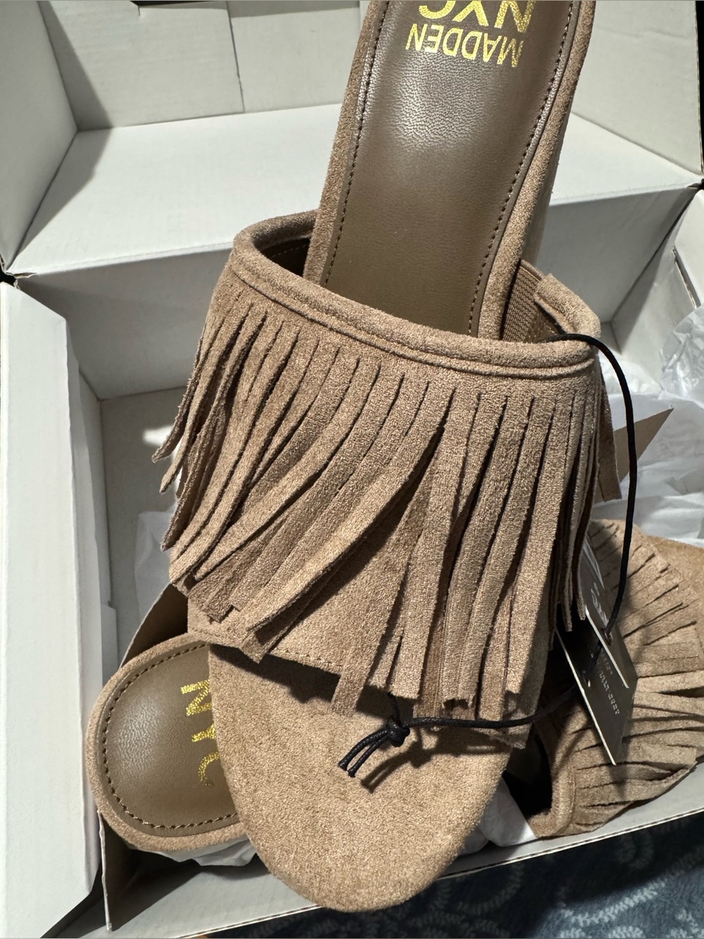 Madden NYC Women's Fringe Slide Mule in Taupe